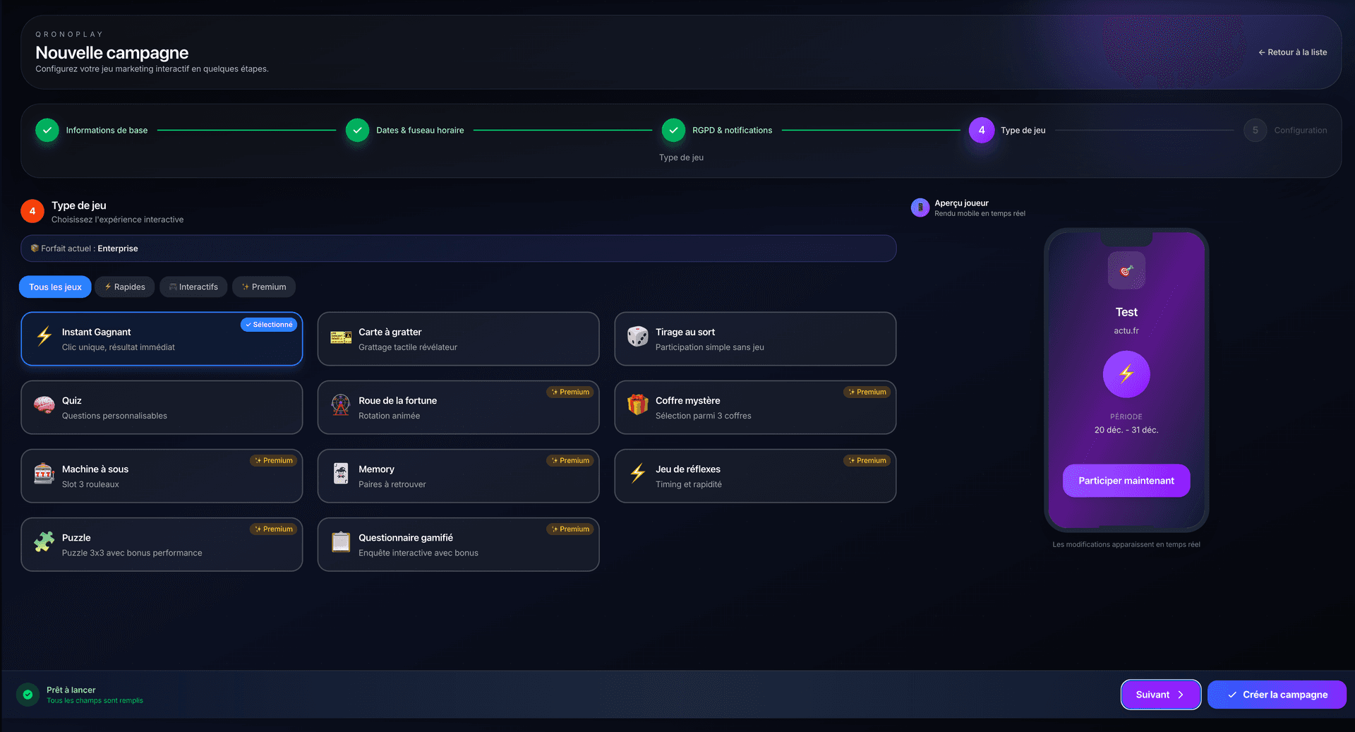 Interface de création de campagne QronoPlay